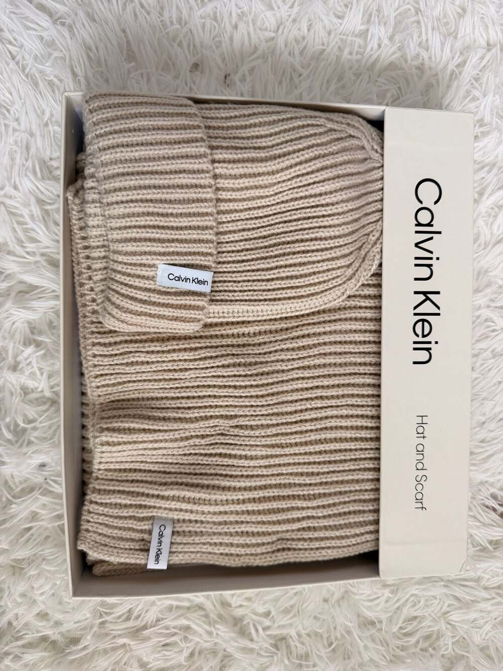 Calvin Klein Ribbed Knit Hat and Scarf Set Beige